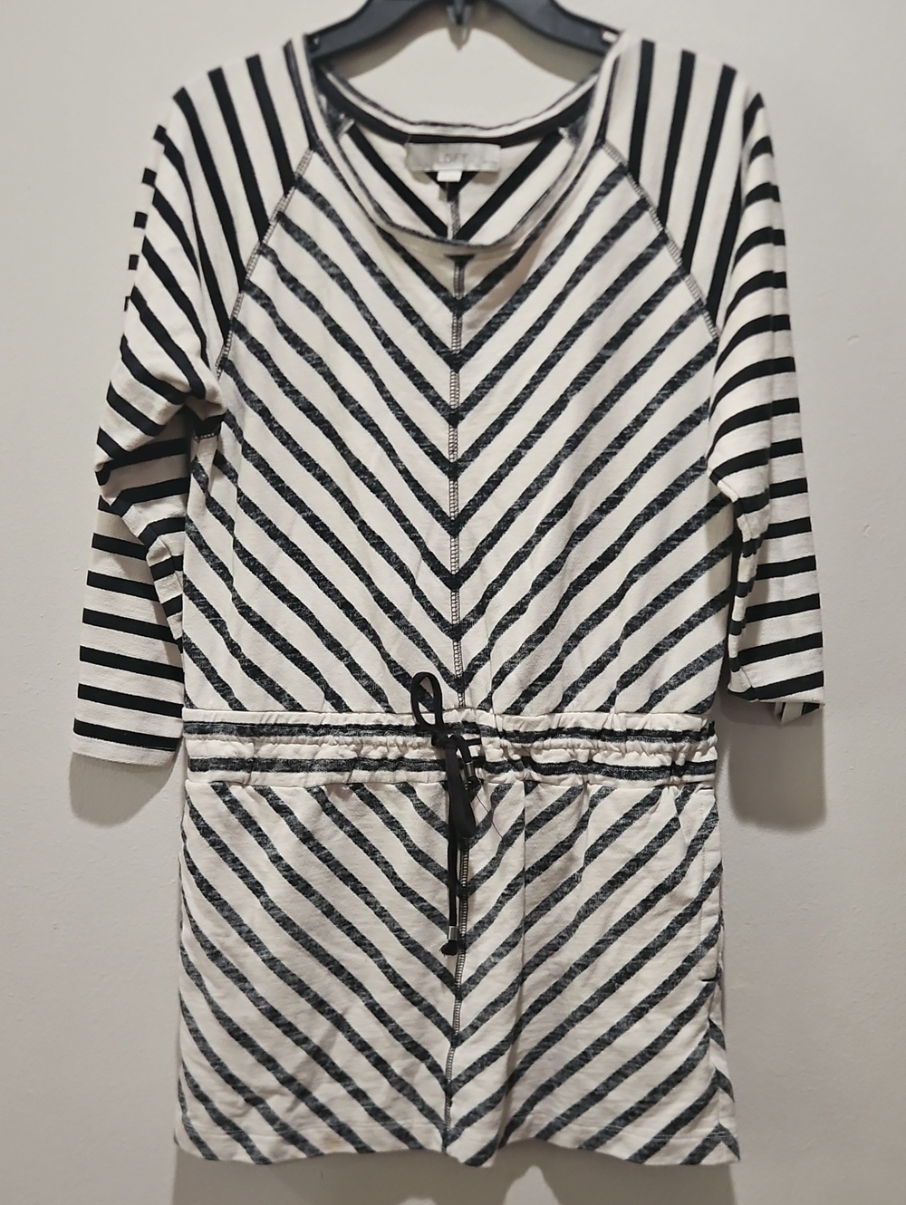 Loft Black & Cream Striped Drawstring mini Dress size SP